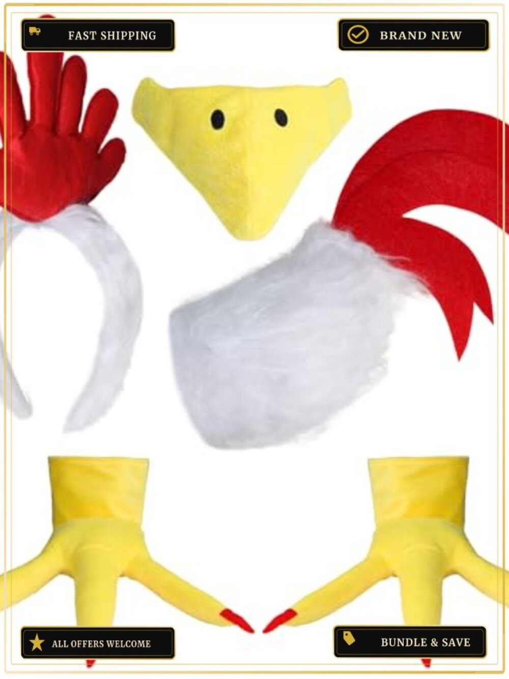 Chicken Costume Kit 5 Piece Rooster Headband Tail Beak Feet Cosplay Set